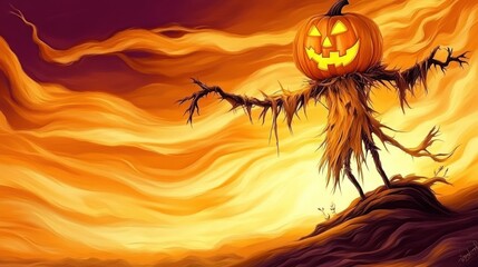 Wall Mural - Halloween scarecrow with pumpkin head against vibrant sunset sky.