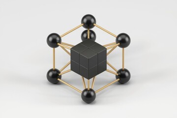 Leinwandbilder - A black cube at the center of a 3D geometric structure with gold rods and black spheres.