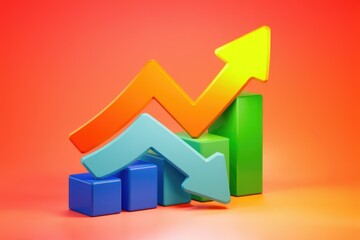 Aufkleber - Colorful upward and downward arrows on a bar graph illustrate growth and decline trends.