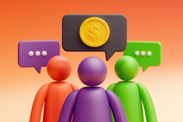 Aufkleber - Three 3D figures discuss money; a gold coin with a dollar sign symbolizes financial conversations and ideas.