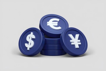 Aufkleber - Stack of blue coins displaying US dollar, Euro, and Yen symbols, representing global currency exchange.