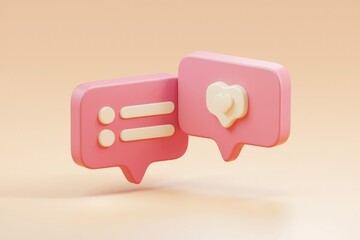 Poster - 3D render of pink speech bubbles with love reaction and text message icons.