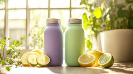 A bright stock photo of two eco-friendly water bottles, lavender and mint green, standing side by side