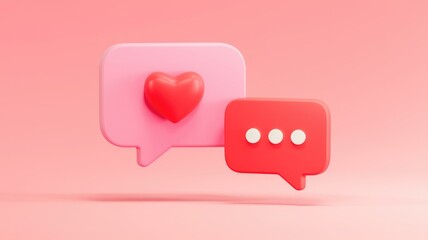 Aufkleber - Pink and red 3D speech bubbles with a heart; representing love, messaging, and communication.