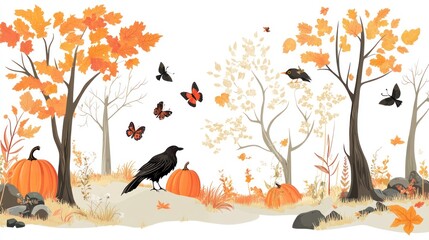 Autumn forest scene with pumpkins, birds, butterflies; fall design