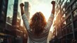 © LifeMedia - Woman celebrates victory with arms raised in a vibrant urban setting