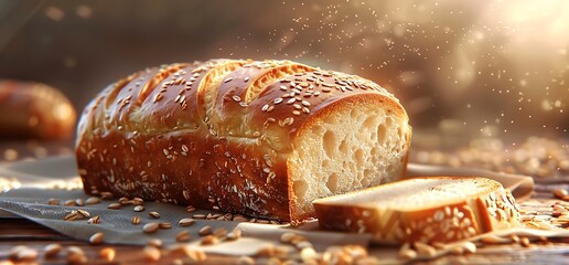 Wall Mural - Crusty loaf of bread with sesame seeds, a slice cut, on a wooden table with scattered grains.