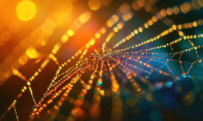 Dew-covered spiderweb at sunset, bokeh background.