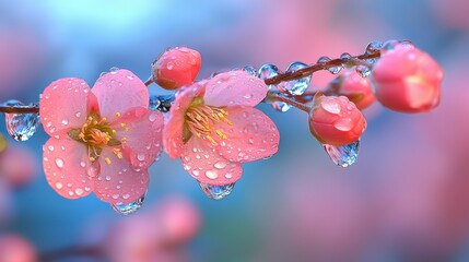 Wall Mural - Close-up of pink flowers with dew drops.