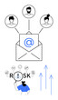 © robu_s - Envelope with email icon linked to user profiles. Risk magnifier over hazards, upward arrows. Ideal for tech security, business growth, communication tools, teamwork, cybersecurity, analysis