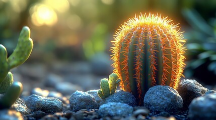 Wall Mural - Golden hour sunlight illuminates a vibrant cactus and succulents amidst rocks.