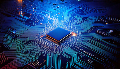 Wall Mural - stunning close-up of a circuit board with a central processor, illuminated with vibrant blue light. 