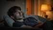 © GMeta - Serene moment of a tired graphic designer napping on soft sofa under warm lamp light in cozy studio apartment