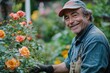 © Lakkhana - A senior male gardener pruning roses, proud expression, natural daylight, vibrant garden background,