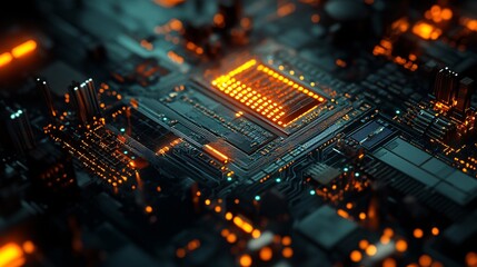 Leinwandbilder - Futuristic circuit board pulsating with orange light and data flow