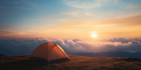 serene camping scene with orange tent set against stunning sunset over clouds.