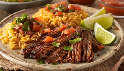 Sticker - Plate of shredded beef with rice, salsa, and lime wedges on a rustic wooden table.