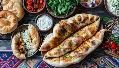 Sticker - A table spread with various Georgian foods, including khachapuri (cheese bread) and salads.