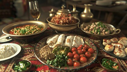 Sticker - A beautifully arranged spread of Middle Eastern food on a traditional rug.