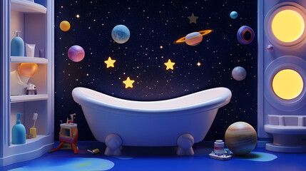Wall Mural - Space odyssey kids bathroom with planet tiles, starshaped bathtub, and cosmic background. starshade. illustration. Starshade. Illustration