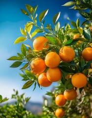 Poster - Ripe oranges on a tree branch, bathed in sunlight.