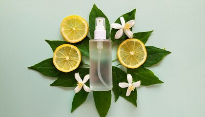 Canvas Print - Refreshing citrus spray bottle surrounded by lemon slices and blossoms.