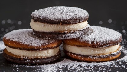 Wall Mural - Three chocolate cookies with white cream filling and powdered sugar on top, on black background.