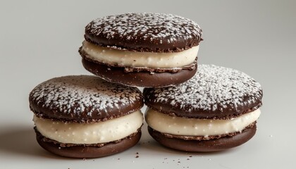 Wall Mural - Three chocolate macarons with vanilla cream filling and powdered sugar on top, stacked on a white background.