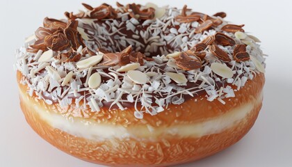 Wall Mural - A freshly baked donut with chocolate icing, shredded coconut and almond slivers.