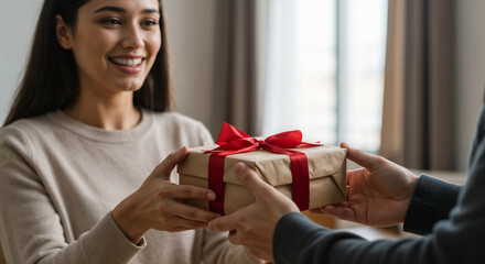 A cheerful woman, smiling in a cozy indoor setting, is shown receiving a thoughtfully wrapped gift from a friend. The warm atmosphere captures the joy of gifting and connection.

