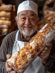 Wall Mural - An experienced baker is shown in full body view, dressed in a white apron over his casual attire. He holds a rolling pin, ready to create delicious pastries. The isolated white background ensures 