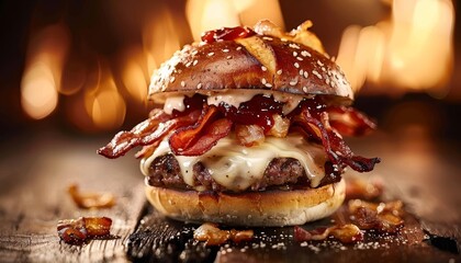 Wall Mural - A juicy burger with bacon, cheese, and crispy onions, served on a pretzel bun.