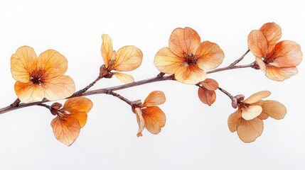 Wall Mural - Dried orange flowers on a branch against a white background.