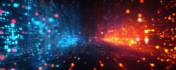 Futuristic Digital Landscape with Neon Lights for Technology Applications, AI, Data Transmission, Visual Representations, and Scientific Research