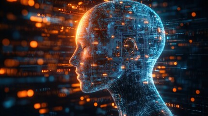 Futuristic Humanoid AI Figure with Digital Circuits and Glowing Lines in Technology Concept