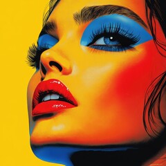 Wall Mural - A Vibrant and Boldly Artistic Representation of a Woman's Face with Striking Colors and Emphasis on Makeup, Conveying Modern Pop Art Aesthetics and Emotional Expressiveness