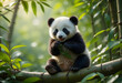 © PitrTech - Adorable Baby Panda Playfully Grasping Bamboo in a Lush Green Forest, Bathed in Soft Natural Light