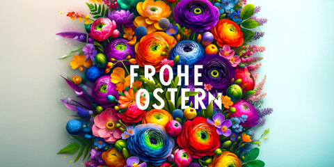 Poster - Happy Easter in german. Colorful floral arrangement celebrating Easter with vibrant flowers and cheerful colors in a festive display