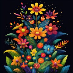 Poster - A vibrant and colorful illustration of stylized flowers and leaves against a dark background, showcasing a variety of shapes and bright hues reminiscent of a magical, whimsical garden scene