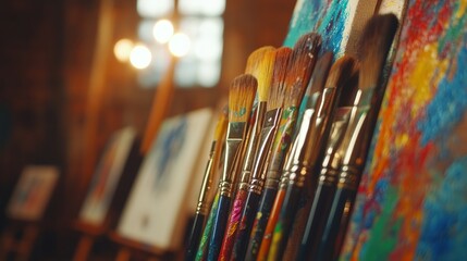 Close-up of brushes lined up against a brightly colored painted canvas in a warmly lit art studio with background details out of focus.