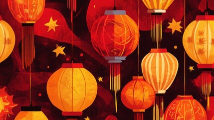 Wall Mural - Red & gold lanterns hang, red background with stars, for celebration