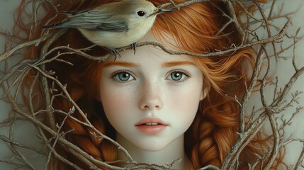 Portrait of a girl with red hair and a bird on her head, surrounded by branches.