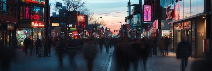 Wall Mural - high-contrast image of a bustling urban street at dusk with blurred motion of people walking, vibran