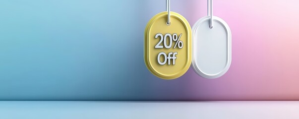 Collection of 3D Sale banners and Sale tags, A sale tag 20% off with a design, featuring love and gift symbols, perfect for a shopping or holiday promotion pastel soft background banner