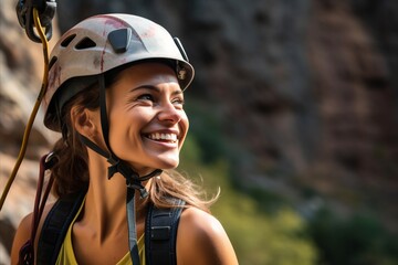 Wall Mural - Portrait of a happy young woman wearing helmet and climbing equipment.