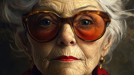 Poster - Close-Up Portrait of an Older Woman Wearing Large Amber Sunglasses, Showcasing Her Wisdom and Experience Through Intricate Details and Expression