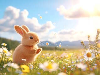Wall Mural - cute bunny rabbit sitting in a field of daisies on a sunny day.