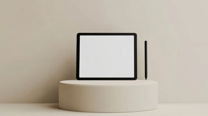 a tablet computer sitting on top of a white pedestal