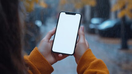 Mobile phone blank screen mockup woman's hand holding smartphone in coffee shop with cup of coffee over shoulder view
