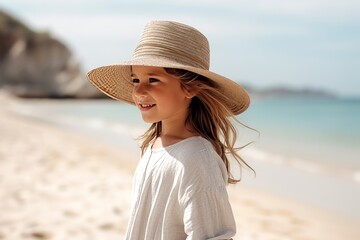 Wall Mural - Portrait of a cute little girl in a hat on the beach